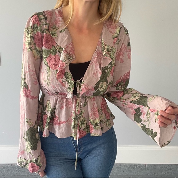 BCBGeneration Floral Print Pink Blouse Sheer w/ Tie - Picture 2 of 7